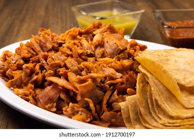 Pastor meat tacos with corn tortillas. Traditional mexican food. Mexican food on wooden background. Mexican taco concept.