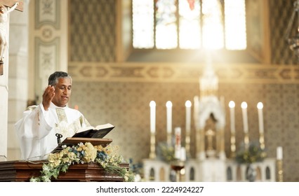 Pastor on church podium praying for bible prayer, worship or leadership for trust to god spiritual priest speech. Motivation, hope or support from man reading for religion, faith or holy gospel - Shutterstock ID 2224924227