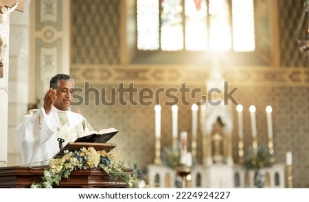 Pastor on church podium praying for bible prayer, worship or leadership for trust to god spiritual priest speech. Motivation, hope or support from man reading for religion, faith or holy gospel