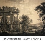 Pastoral scenery with ruins and shepherds. 1700 century engraving after Pierre-Antoine Patel (1648 - 1707)