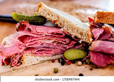 Pastrami Sandwich On Wooden Board