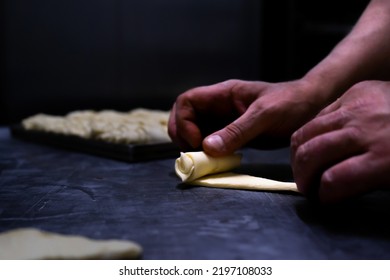 Pastry Chef Man Hands Work  Preparing Sweet Brioches On Table With Flour , Concept Work , Dough , White , Cooking 