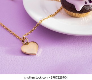 Pastry Cupcake Gold Necklace With A Heart