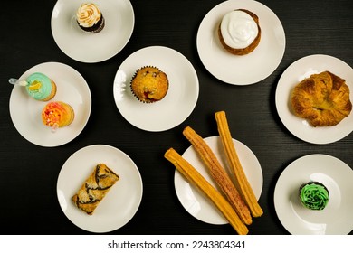 Pastry flat lay composition on black background