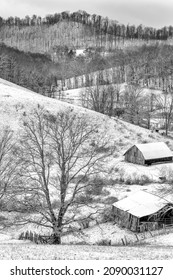 Pasture Fields And Snow, Winter Farm Scene In Webster County, West Virginia, USA