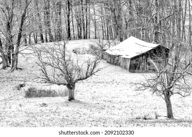 Pasture Fields And Snow, Winter Farm Scene In Webster County, West Virginia, USA