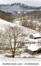 Pasture Fields And Snow, Winter Farm Scene In Webster County, West Virginia, USA