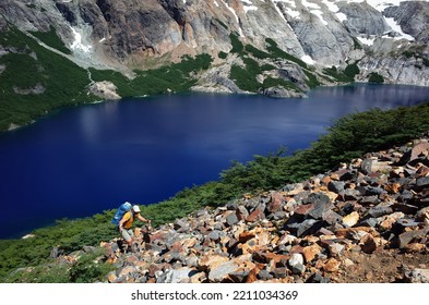 Patagonia Hiking Adventure Lake Blue Water Rock Granite Walls, Laguna Azul In Nahuel Huapi National Park Cerro De Las Cristales Mountain, Argentina South America Nature