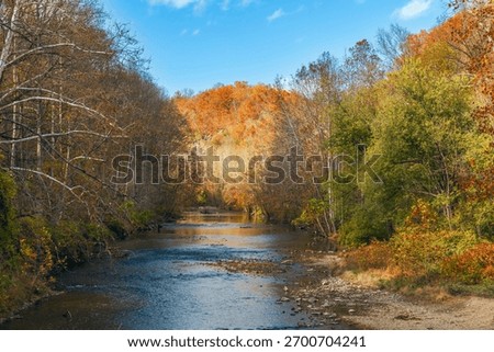Patapsco River during fall foliage season. Patapsco Valley State Park. Autumn. Ellicott city. Maryland. USA