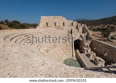 Patara, ancient archeological site in Turkey and its amphitheatre. Ruins of the ancient Lycian city Patara, the Lycia League capital city, are located in today's Turkey.	