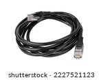 Patch cable with rj45 connector Black patch cord isolated on white. 
