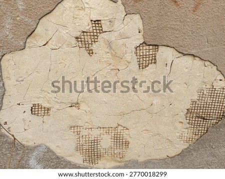 Patch of the crumbling plaster with partially bare rusty meshed reinforcement in an old retaining wall in overcast day, fragment