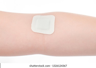 The Patch On The Elbow After Giving Blood From A Vein. Concept For Hospitals, Laboratories, Donation Support