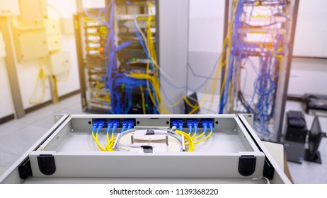 Patch Panel box of fiber optic cable and SC Pigtail cable in network center room and blur router switch in background . selective focus. 12 port