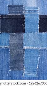 Patchwork in denim textile, vintage pattern with many jeans samples, white tattered - Shutterstock ID 1926267350
