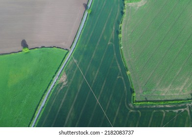 Patchwork Farm Land In The UK Countryside View From Above In A Hot Air Ballon Or Drone 