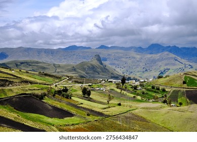 Patchwork Fields and Andes Mountains Landscape (Cotopaxi Province, Ecuador)