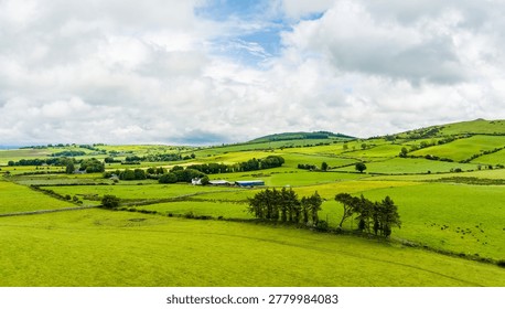 Patchwork fields spread across County Meath, Ireland, under heavy cloud. Peaceful Boyne Valley farming landscape of hedgerows, pasture and rural roads.