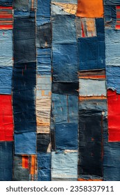 patchwork of jeans cutouts making a background of sewn jeans