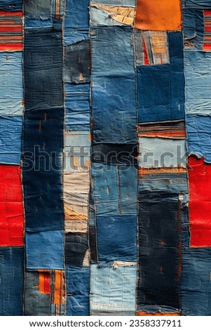 patchwork of jeans cutouts making a background of sewn jeans
