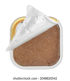 Pate In Foil Container Isolated On White, Top View. Pet Food