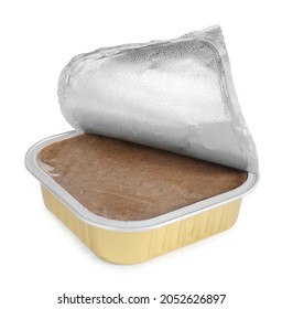 Pate In Foil Container Isolated On White. Pet Food