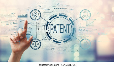 Patent concept with hand pressing a button on a technology screen - Shutterstock ID 1646831755