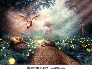A path in a beautiful forest with a fantasy fairy tale feel with wild animals, small mushroom house and mist. Fairy tale concept. Can be used as a background, backdrop