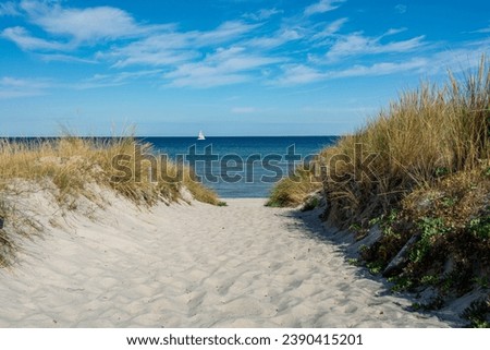 Path between the sand dunes overlooking the sea and a sailing ship and blue sky