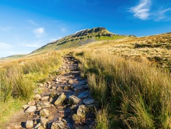 A Path Climbing Up Towards The Mountain Of Pen-y-ghent In The Yorkshire Dales National Park. The Mountain Is 2,277 Feet High And Is One Of The Famous 'Three Peaks Of Yorkshire'.