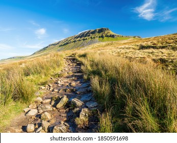 A path climbing up towards the mountain of Pen-y-ghent in the Yorkshire Dales National Park. The mountain is 2,277 feet high and is one of the famous 'Three Peaks of Yorkshire'.