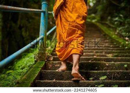 The path to enlightenment has many steps. Rearview shot of a buddhist monk climbing a flight of stone steps.