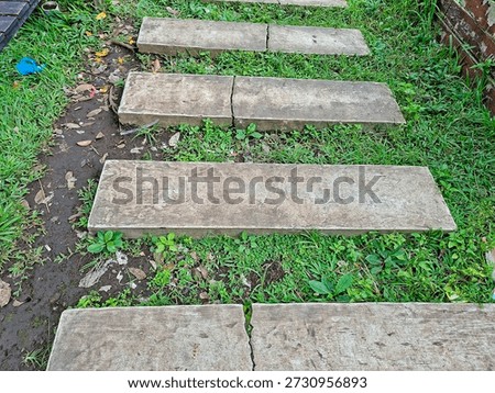 a path made of concrete slabs with some of the slabs broken