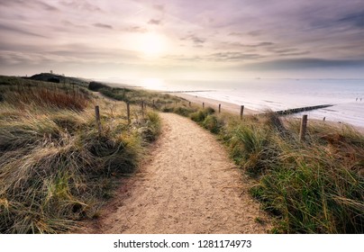 path on dune with view on North sea beach, Vlissingen