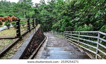 A path with a railing and a wall on the side. The railing is made of metal and is on the side of a hill