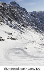 path in the snow on the mountain