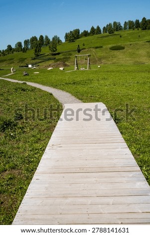 Path through grass to summit. Smooth wooden boardwalk crossing grassy incline toward mountain top. Serene wooden pathway extending over lush vegetation ascending gently to peak