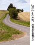 A path through harvested cropland, in the Thuringian Slate Hills, Germany