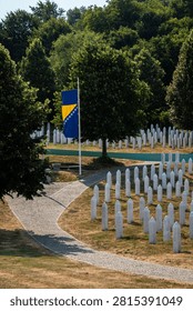 Path through rows of white war cemetery headstones lined with trees