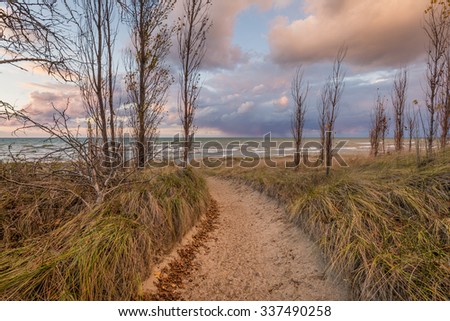 Path through a sand dune to a Lake Huron beach - Grand Bend, Ontario, Canada