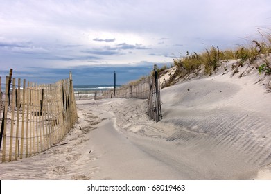 Path through sand dunes on a beach on Long Island, New York