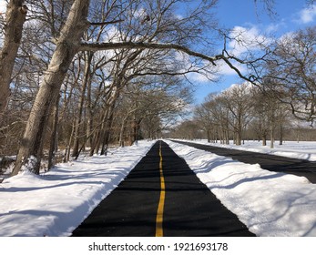 The path through a snow covered Heckscher State Park on Long Island, New York.