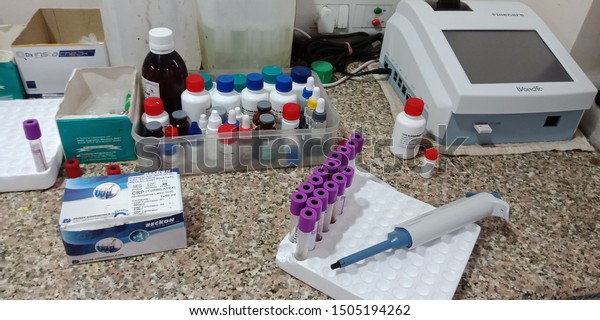 pathological\
instruments kept into the laboratory at district Katni Madhya\
Pradesh in India shot captured on sep\
2019
