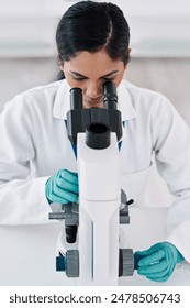 Pathologist, microscope and science in lab for innovation and medical healthcare development. Woman, analysis and chemistry experiment for pharmaceutical breakthrough and vaccine research in Brazil