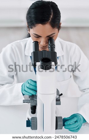 Pathologist, microscope and science in lab for innovation and medical healthcare development. Woman, analysis and chemistry experiment for pharmaceutical breakthrough and vaccine research in Brazil