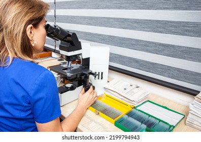 Pathologist Working With Stained Tissue Biopsy On Glass Slides In The Laboratory