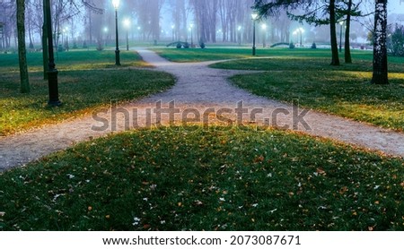 Paths, trails, routes converge and diverge in different directions in the foggy twilight and the light of night lanterns in the park in late autumn.