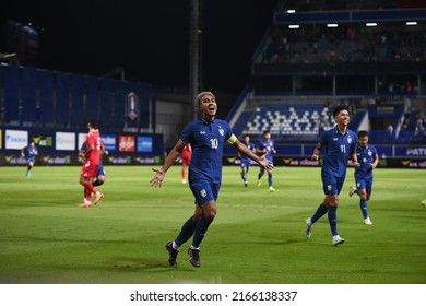 Pathumthani -Thailand-31May2022:Teerasil Dangda #10 Happy For Goal During Friendly Match Between Thailand Against Bahrain At Bg Stadium,thailand