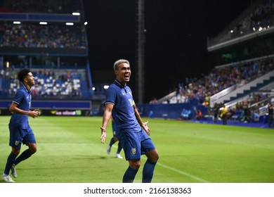 Pathumthani -Thailand-31May2022:Teerasil Dangda #10 Happy For Goal During Friendly Match Between Thailand Against Bahrain At Bg Stadium,thailand