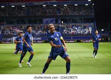 Pathumthani -Thailand-31May2022:Teerasil Dangda #10 Happy For Goal During Friendly Match Between Thailand Against Bahrain At Bg Stadium,thailand